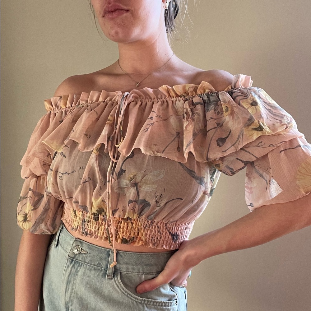 H&M Sheer Floral Off the Shoulder Ruffle Crop Top - 8